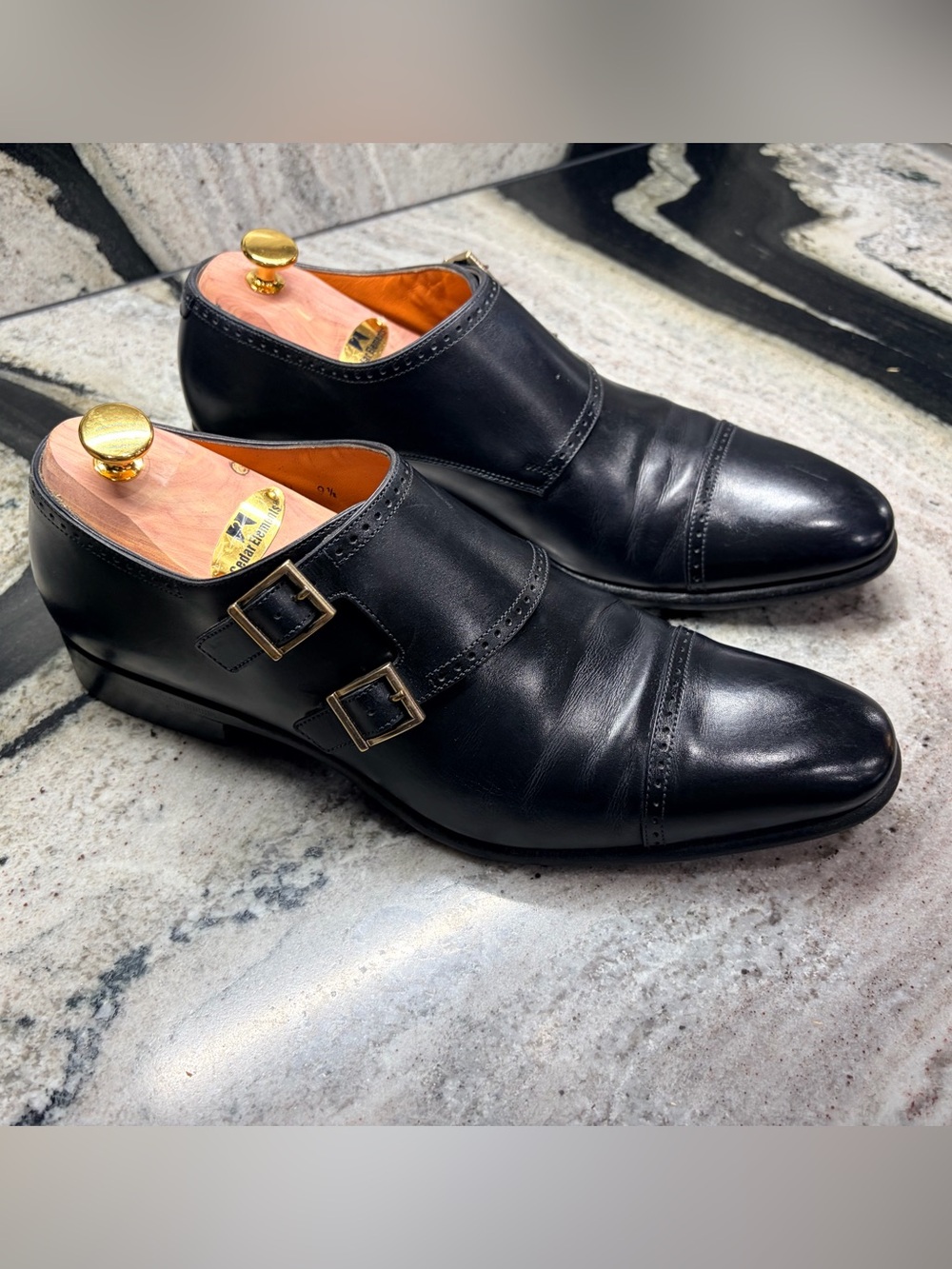 Santoni Black Double Monk Strap Leather Dress Shoes